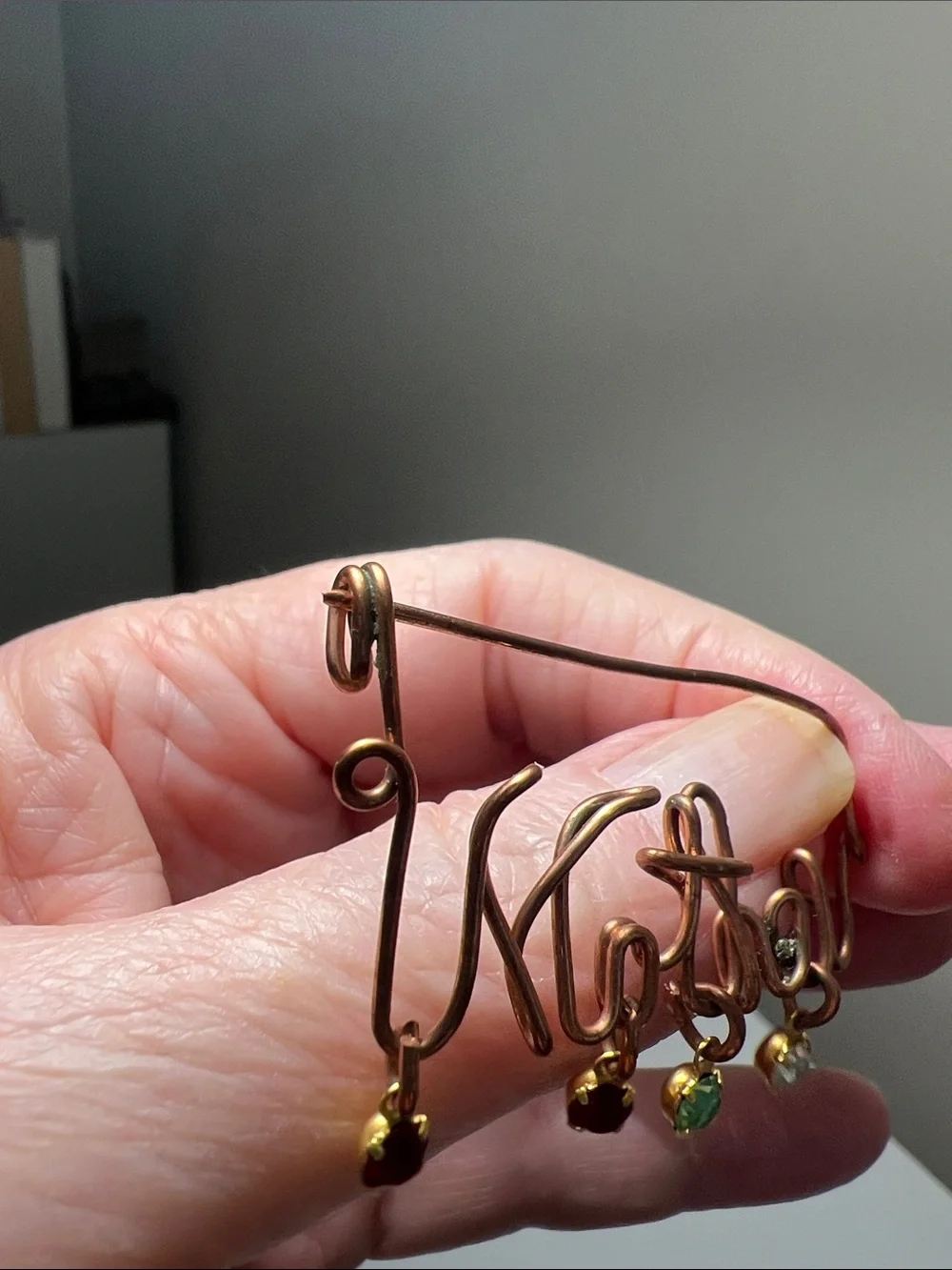 Vintage Copper 'Mother' Wire Brooch Pin with Colored Crystal Drops
